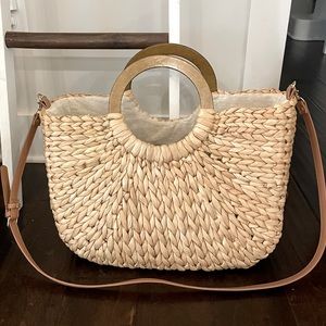 Rattan tote bag, brown leather strap, wooden handles
